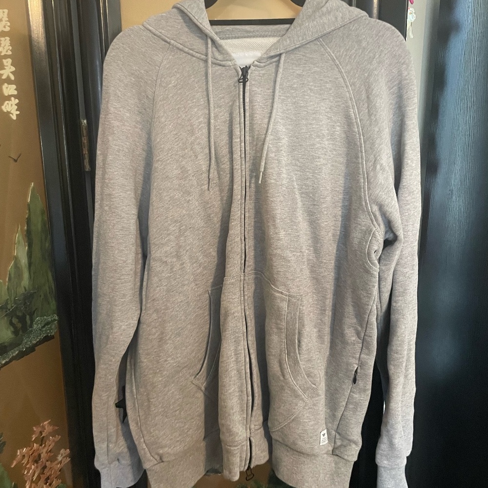 Gray adidas Originals Zip-Up Sweater w/ Black Star on Sleeves, US Size L